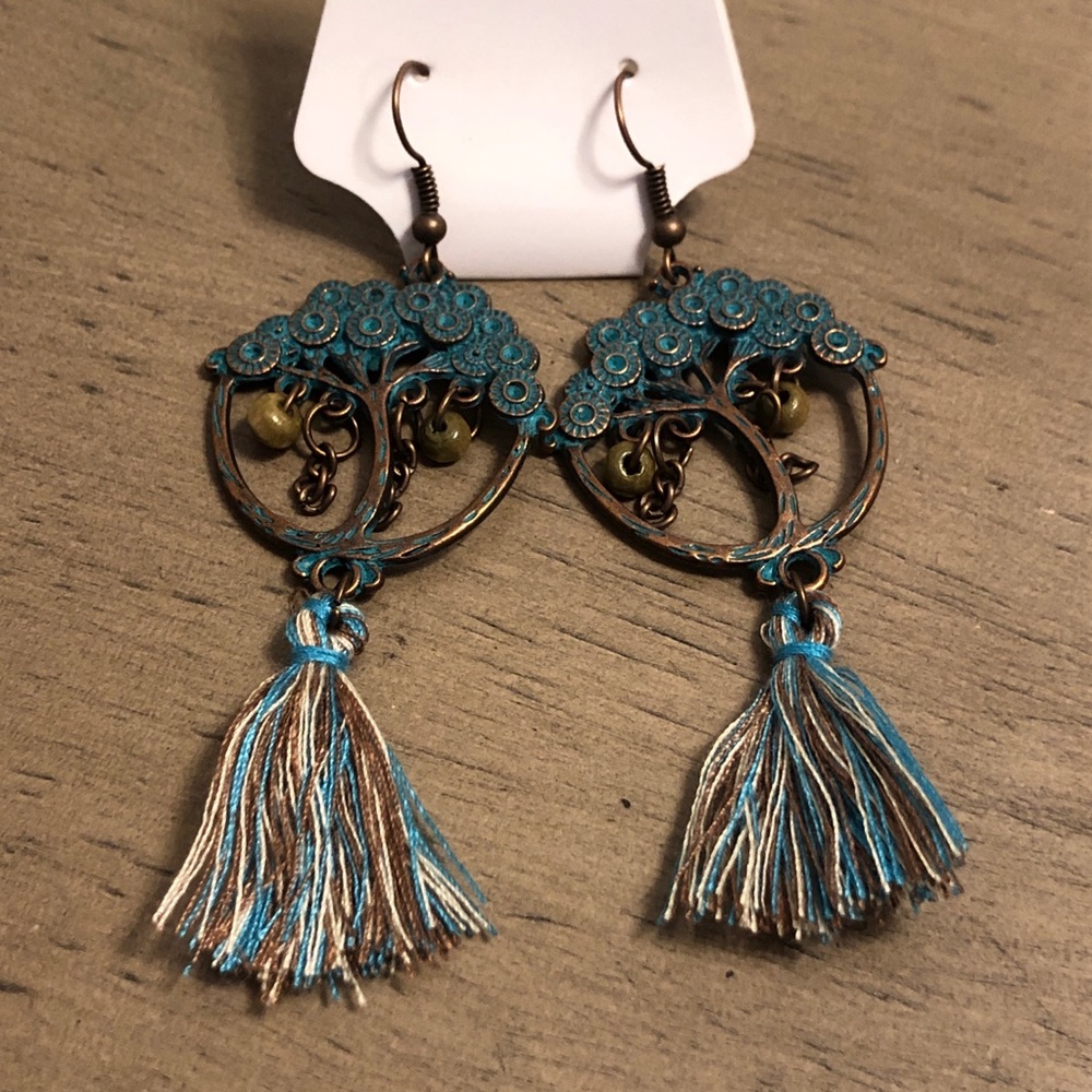 Jewelry - Elegant Teal Bronze Tone Tree of Life Tassel Dangle Earrings
